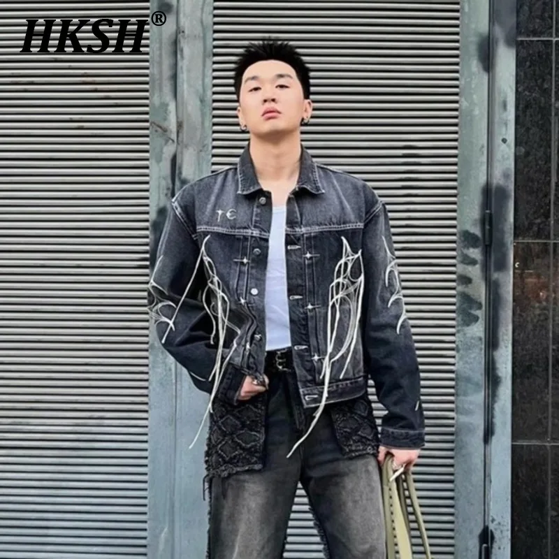 HKSH Men\'s Spring Autumn Vintage Tassel Denim Jacket Metal Accessories 3D Cut Coat High Street Fashion Retro Streetwear HK0522