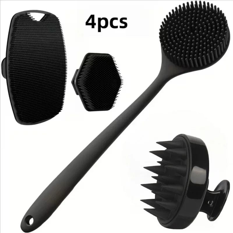 

4pcs Bath Brush Massage Scrubber Silicone Multi-purpose Long Handle Deep Cleansing And Massage Set