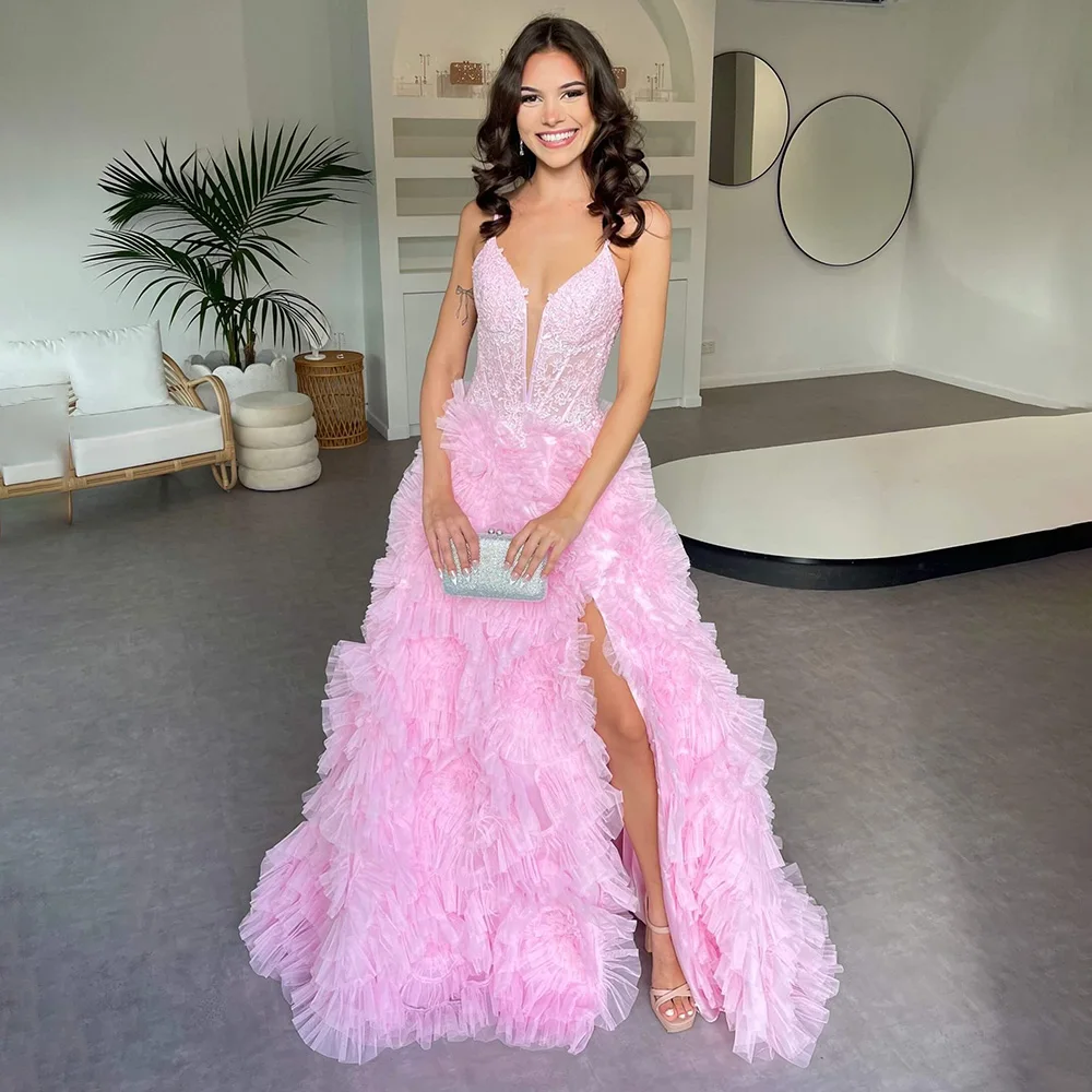 

Pink V-neck Spaghetti Straps Formal Prom Dress Lace Ruffles A-line Court Prom Club Gown with SIde Slit vestidos novias boda