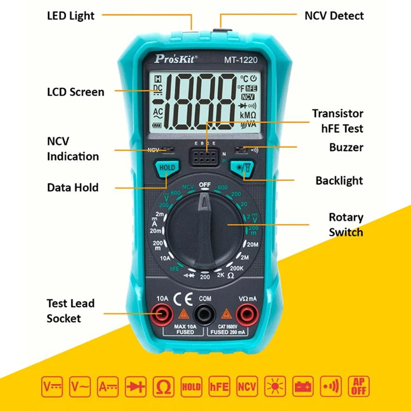 Pro'sKit MT-1220 Digital Multimeter DC AC Voltmeter Resistance Tester Multi Tester Professional Resistance Measure Multi Meter