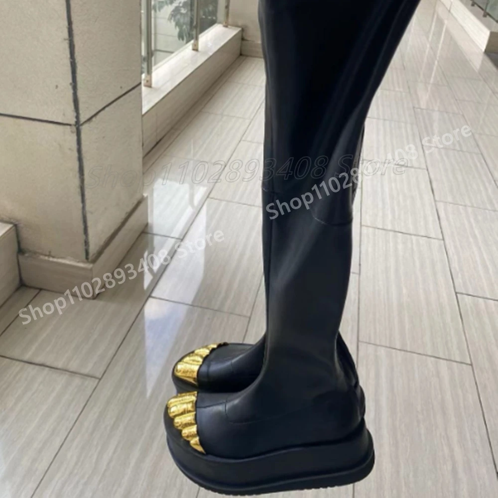 Botas por encima de la rodilla gruesas de cinco dedos dorados, cuero mate, nueva marca, cremallera trasera, moda Sexy, Otoño 2024, Zapatos Para Mujer