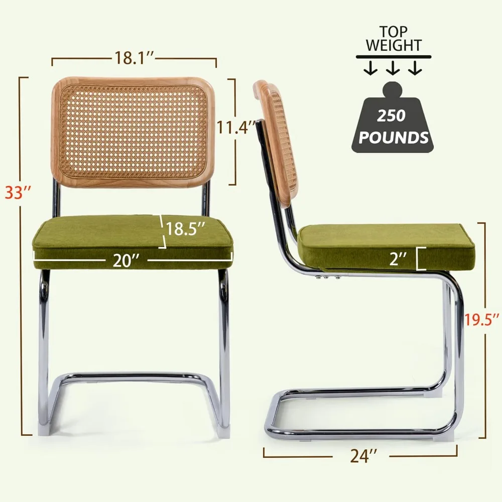 Chaises de Salle à Manger Modernes en Rotin Tissé à la Main, Base Chromée, Siège en Coton, Vert, Lot de 2 Pièces