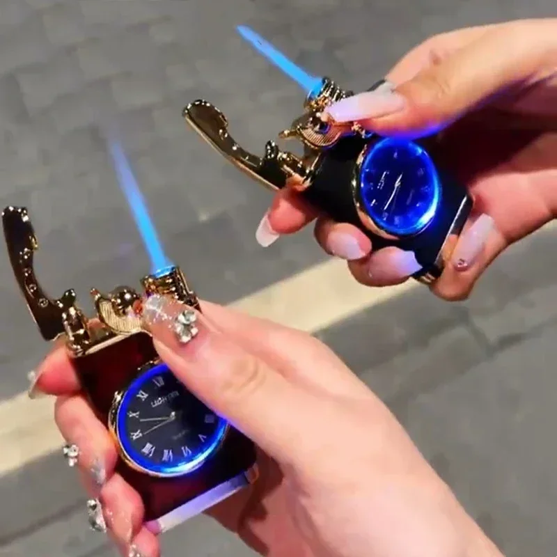 New Quartz  Windproof Watch Lighter Metal Blue Light Rocker Arm Butane Jet Flame Torch Lighter Smoking Men's Gift Ignition Tools