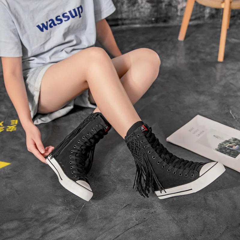 Classic High-top Canvas Shoes Women Autumn New Fringed Zipper Women Boots All-match Flat Sneakers Fashion Lace Women Shoes34-43