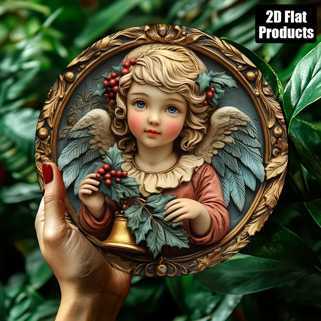 2D Flat - Vintage Angel-Themed Round Aluminum Wall Plaque - 8x8 Inch, Classic Home Decor with Holly and Bow, Ideal for Kitchen,