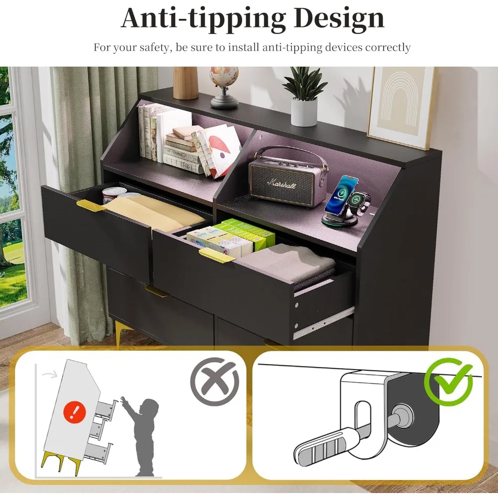 cômoda iluminada de 6 gavetas com estação de carregamento para quarto