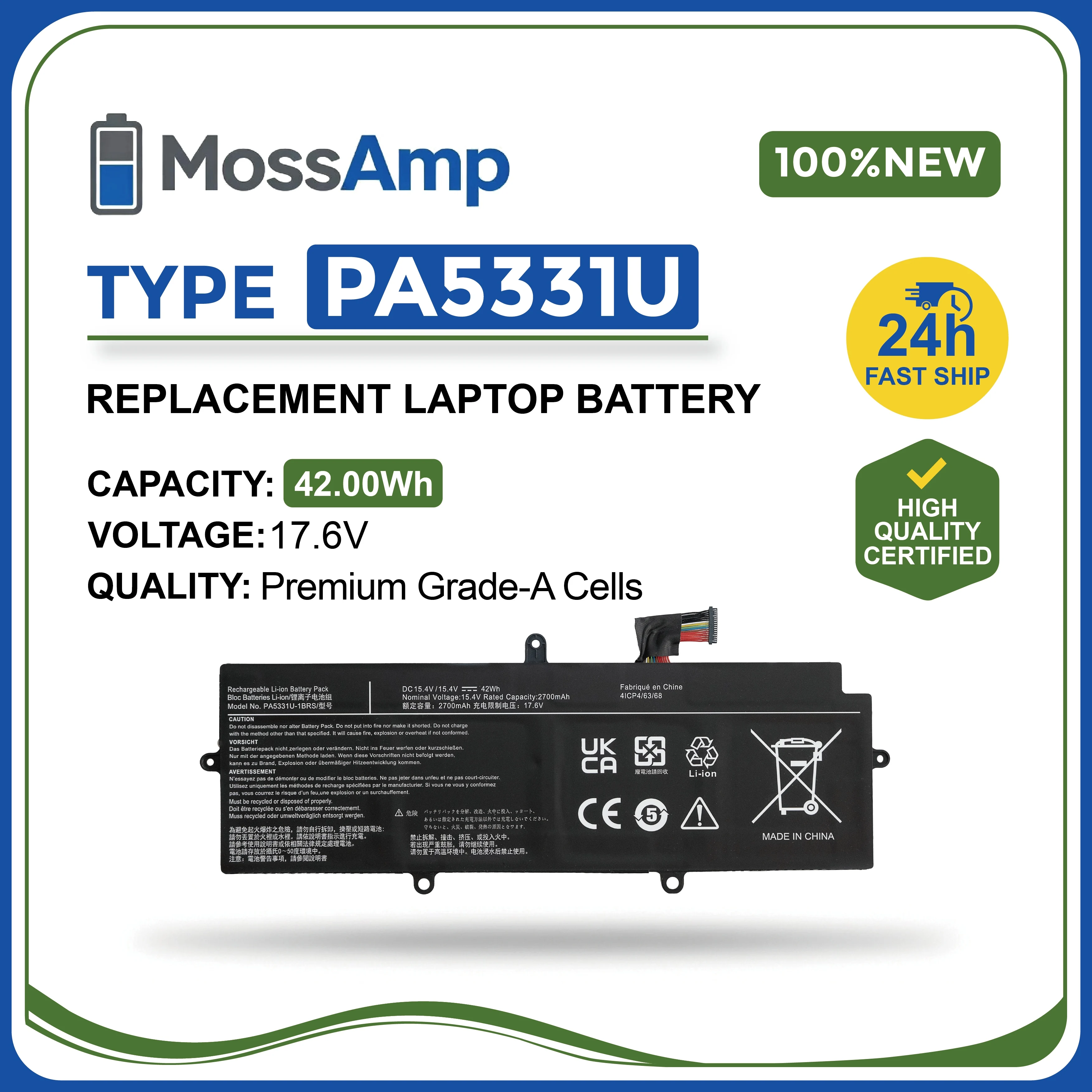 MossAmp 17.6V 42WH PA5331U-1BRS Laptop Battery for Portege Tecra A30-E A30-G R30-A R30-E X30L-G A40-E A40-G PA5331U