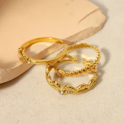 WILD & FREE Gold Plated Stainless Steel Zircon Crystal Rings for Women Simple Trend Adjustable Ring Wedding Jewelry Gift