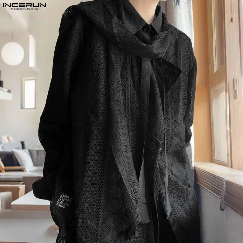 INCERUN الرجال قميص الدانتيل انظر من خلال الياقة المدورة طويلة الأكمام فضفاضة الرجال الملابس الشارع الشهير موضة ملابس علوية غير رسمية قمصان الذكور #2