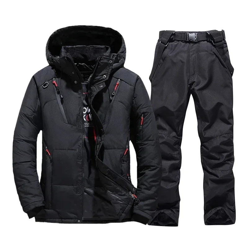 Terno térmico à prova de vento para homens, jaqueta, calças babadores, conjunto quente, traje de neve masculino, snowboard, inverno, novo