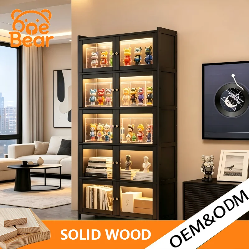 Tall Liquor Cabinet with LED Light & Glass Doors, Multi-layer Storage Display Cabinet for Wine in Home Living Room Interior