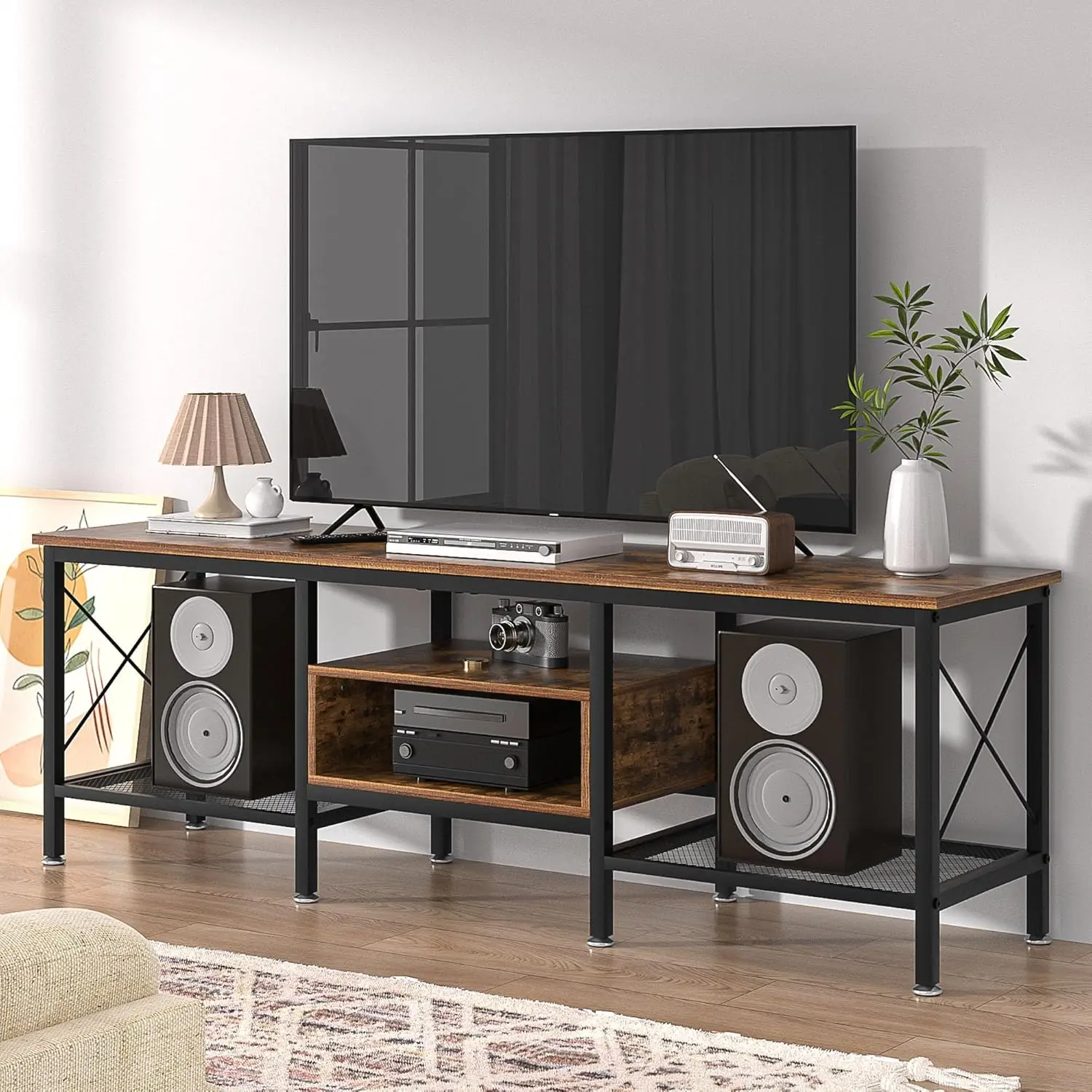 Industrial TV Stand for 65 Inch Television Cabinet 3-Tier Console with Open Storage Shelves, Entertainment