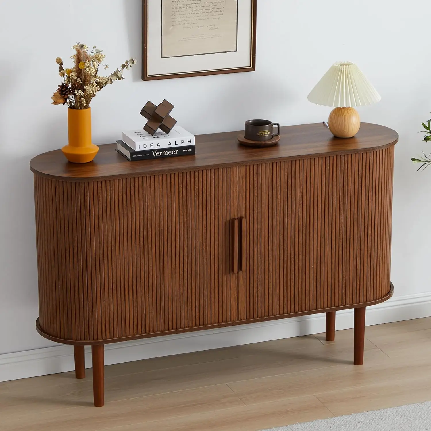 53' gecanneleerde dressoirkast, moderne credenza met schuifdeuren, notenhouten woonkamer eetkamer opbergruimte