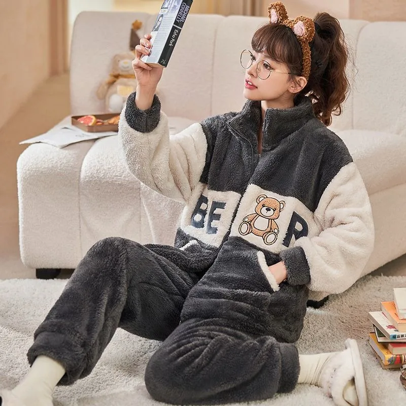 2023 Latest Flannel Pajamas Women's Velvet Thickened Coral Velvet Sleepwear Autumn Winter Loose Homewear Casual Loungewear