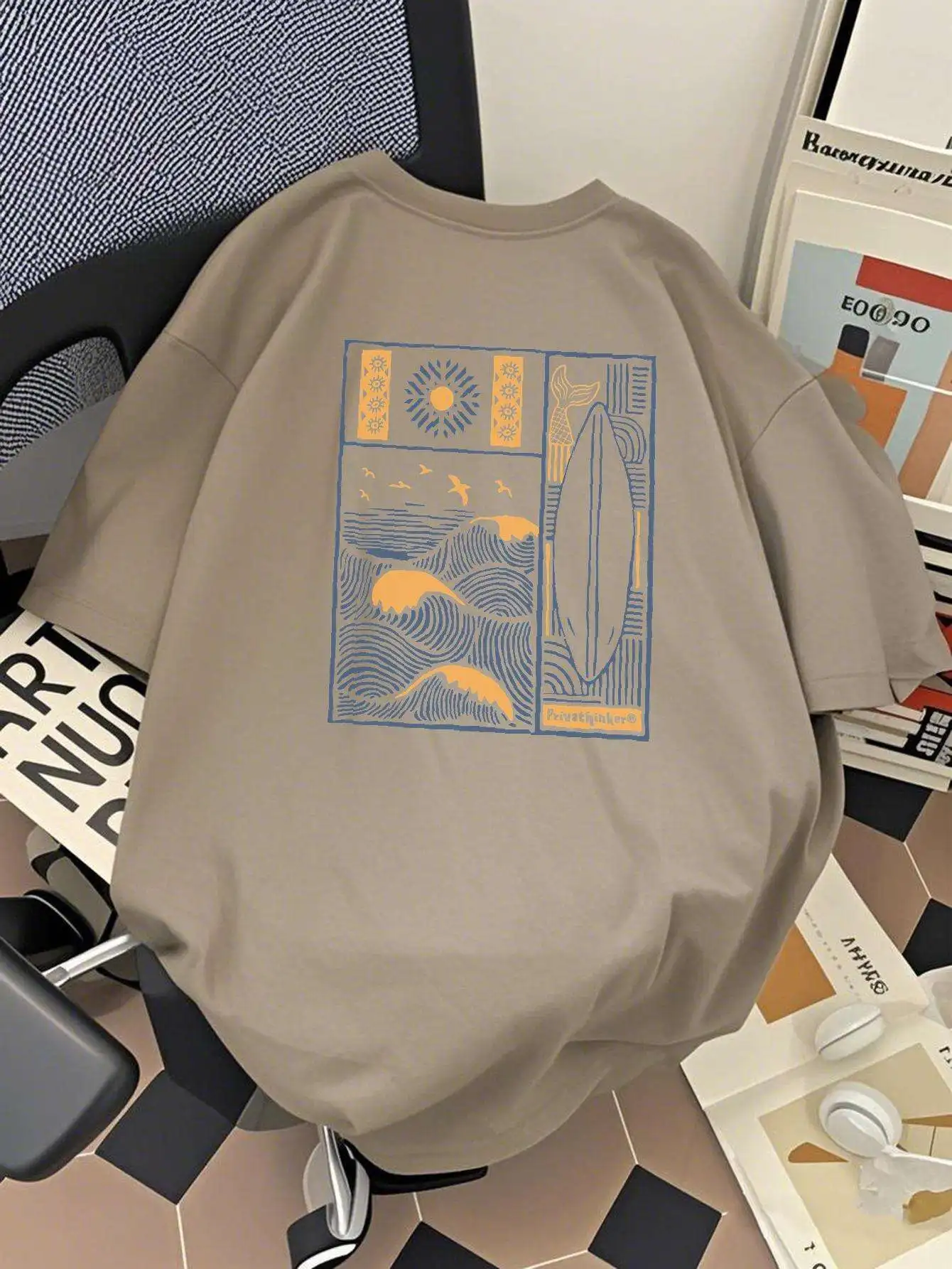 

Men's Japanese Wave Pattern T-Shirt Loose Dropped Shoulder Street Trench Shirt Brown Blue Coast Design Summer Fashion Art Print