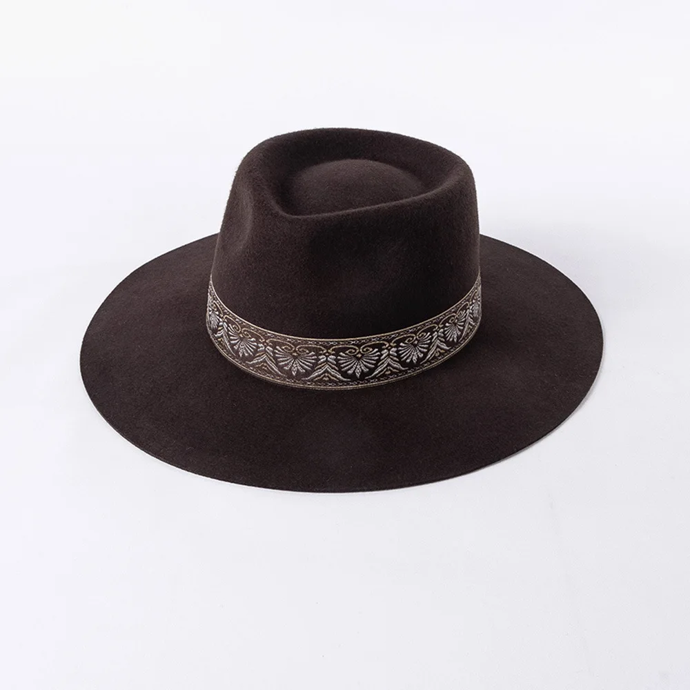 Autumn Winter New Vintage Embroidered Ribbon Woolen Jazz Hat Outdoor Street Stage Felt Fedora Trendy