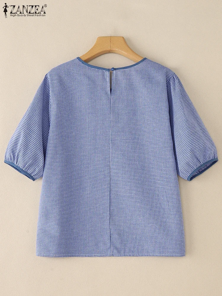 2025 ZANZEA Letnia bluzka z krótkim rękawem i dekoltem w kratę Damskie luźne koszule w kratę Casualowa koszula wakacyjna Damskie bluzki do pracy Oversize
