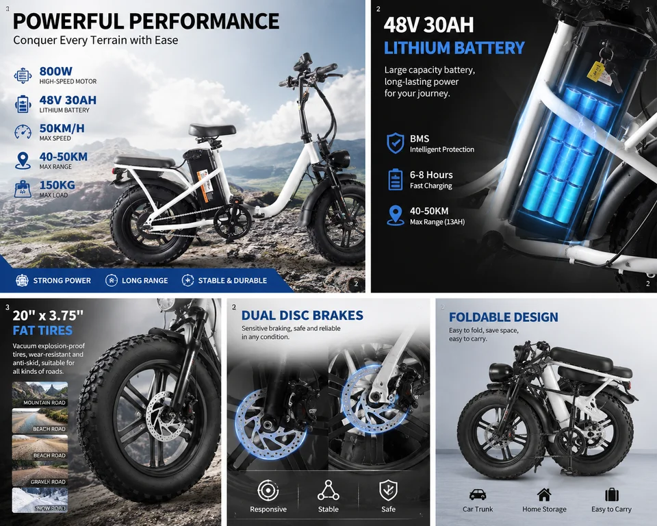 X6 800W Foldable Electric Bike 48V 30Ah Lithium Battery 20×3.75 Fat Tires Dual Disc Brakes Off-Road E-Bike for Adults image 6