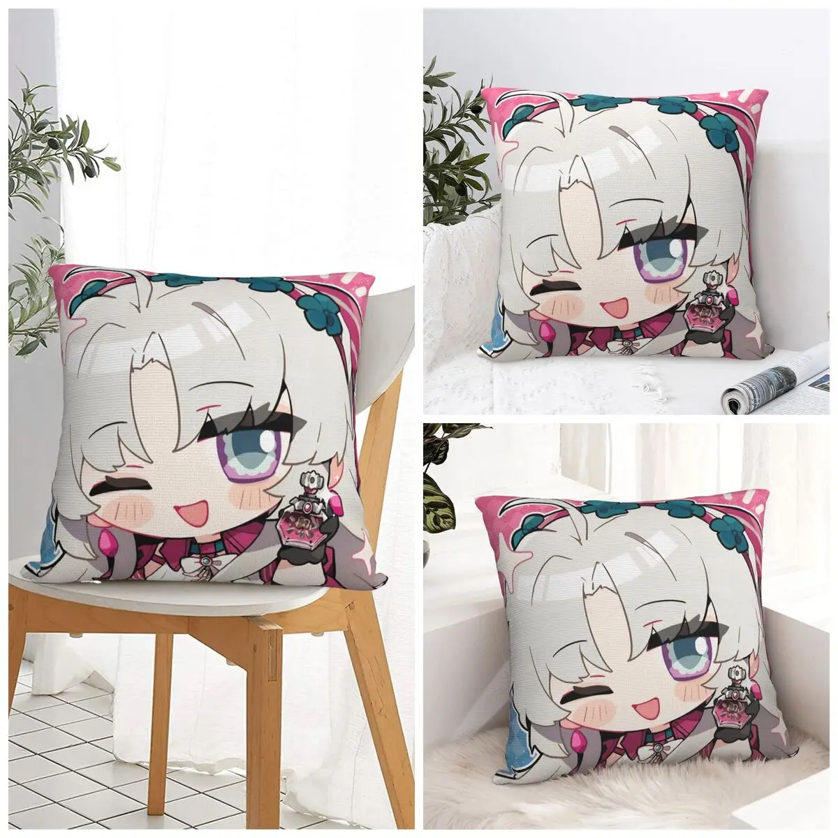 Cute Q Version Wuthering Waves Rinascita Phoebe Zani Pillow Cover Vintage Graphic Pillowcases For Sofa Home Decorative