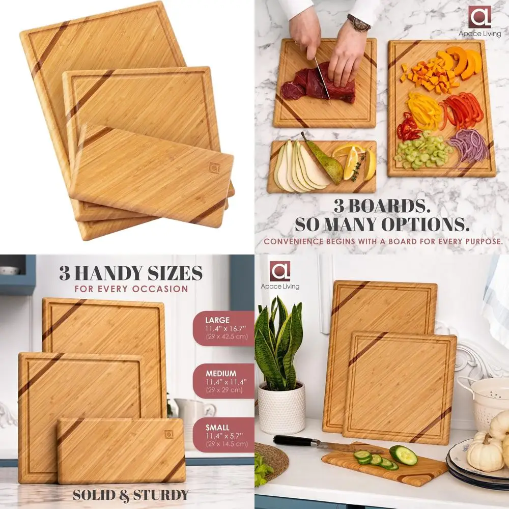

Luxury Organic Bamboo Cutting Board Set - 3-Piece Kitchen Chopping Boards for Meat, Vegetables, and Cheese