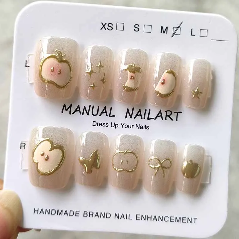 10Pcs Kobiety Wigilia Śliczne małe jabłko Naciśnij na paznokcie Czerwona siatka Krótki styl Palec Księżniczka Wodoodporny Ankola Czerwone sztuczne paznokcie — zdjęcie 3