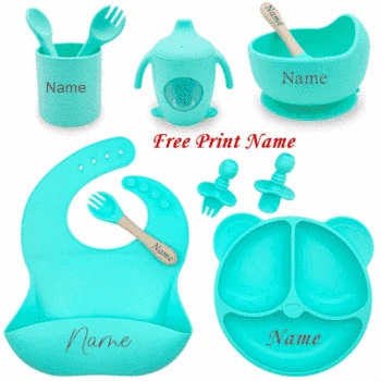11pcs silicone tableware personalized name baby feeding set for kids custom logo name dinner plate bowl straw cup with scale