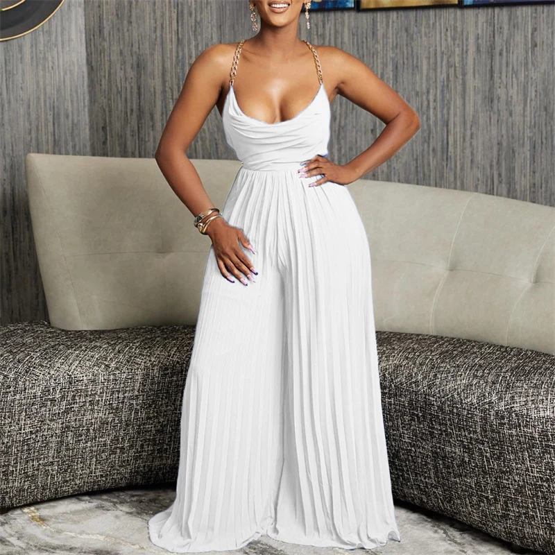 Sexy Chain Halter Ruched Wide Leg Overall Jumpsuit Women Elegant Sleeveless Backless Rompers Night Club Party Birthday Outfits