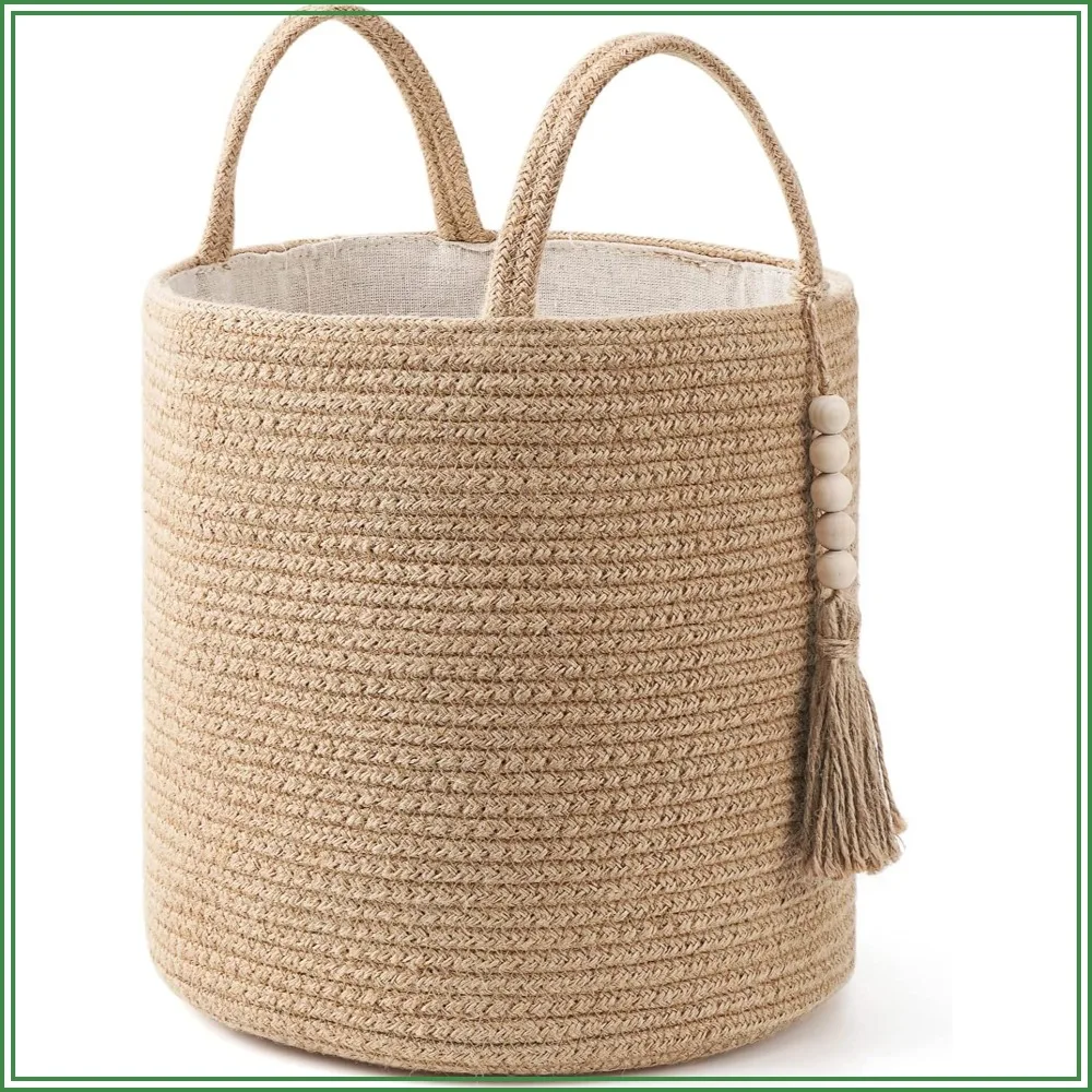 

Woven Storage Basket, Natural Rope Bin with Wooden Beads and Handles for Blankets, Toys, Clothes, Shoes, Plant Organizer, Home Decor, 28 x 28cm