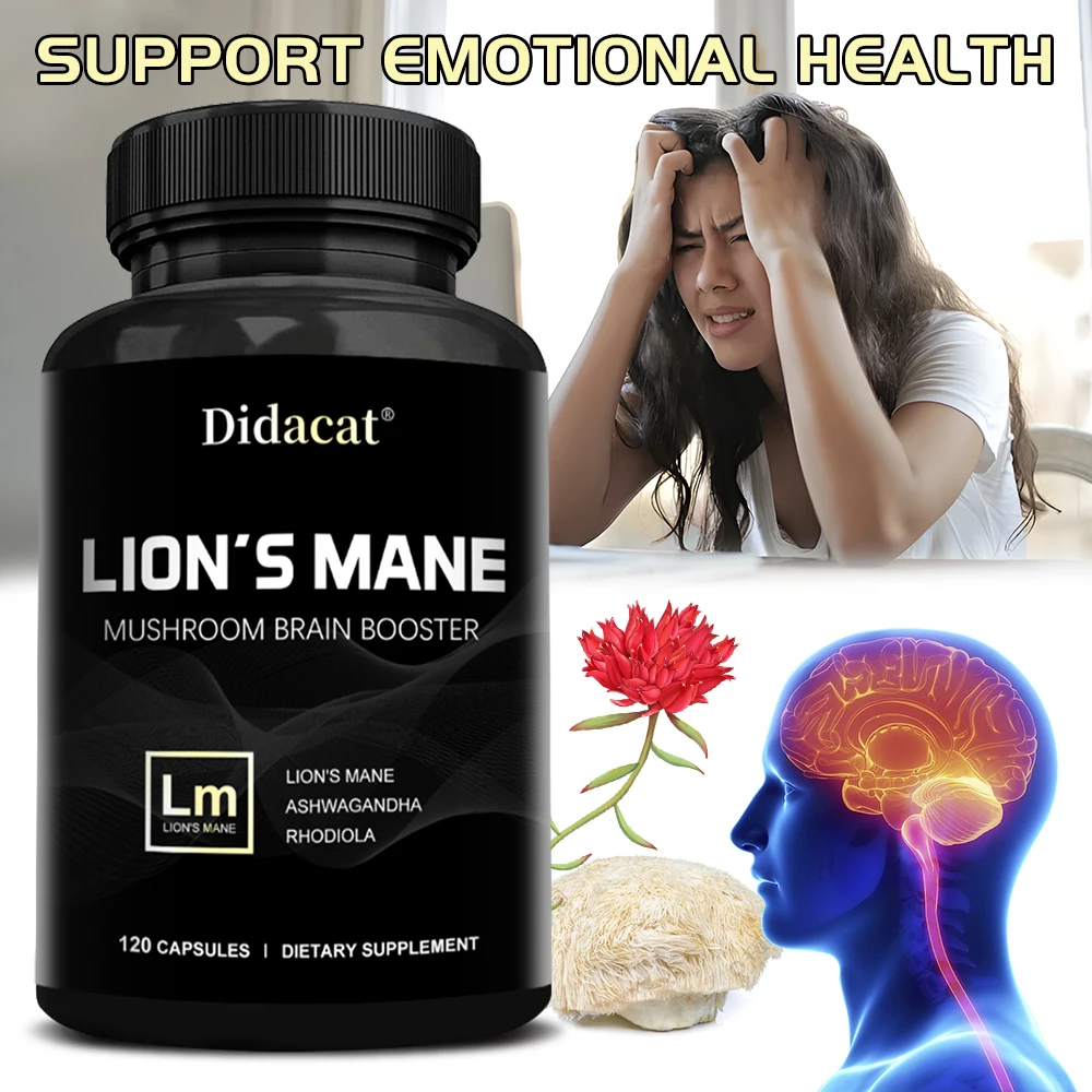Brain Support Capsules with Lion's Mane Ashwagandha Rhodiola & Black Pepper, Nutrition for Nervous Cognitive Focus Energy