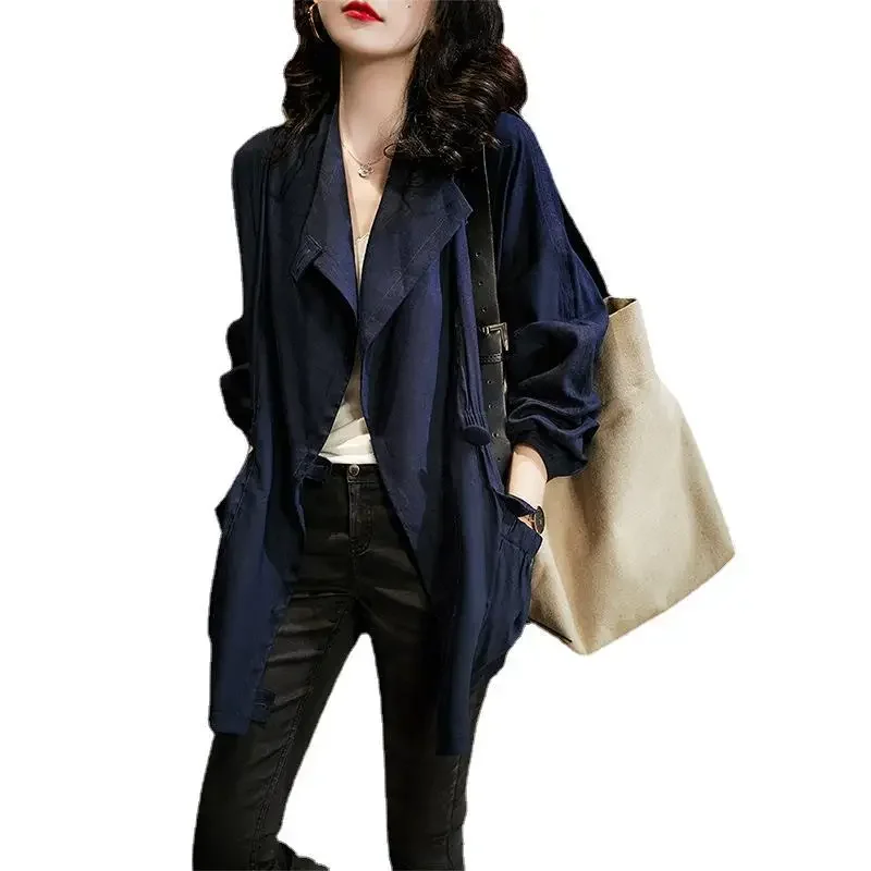 Women\'s Lapel Linen Work Clothes Style Short Windbreaker Jacket Khaki Navy Blue Trench Coat Women\'s Clothing Spring and Autumn