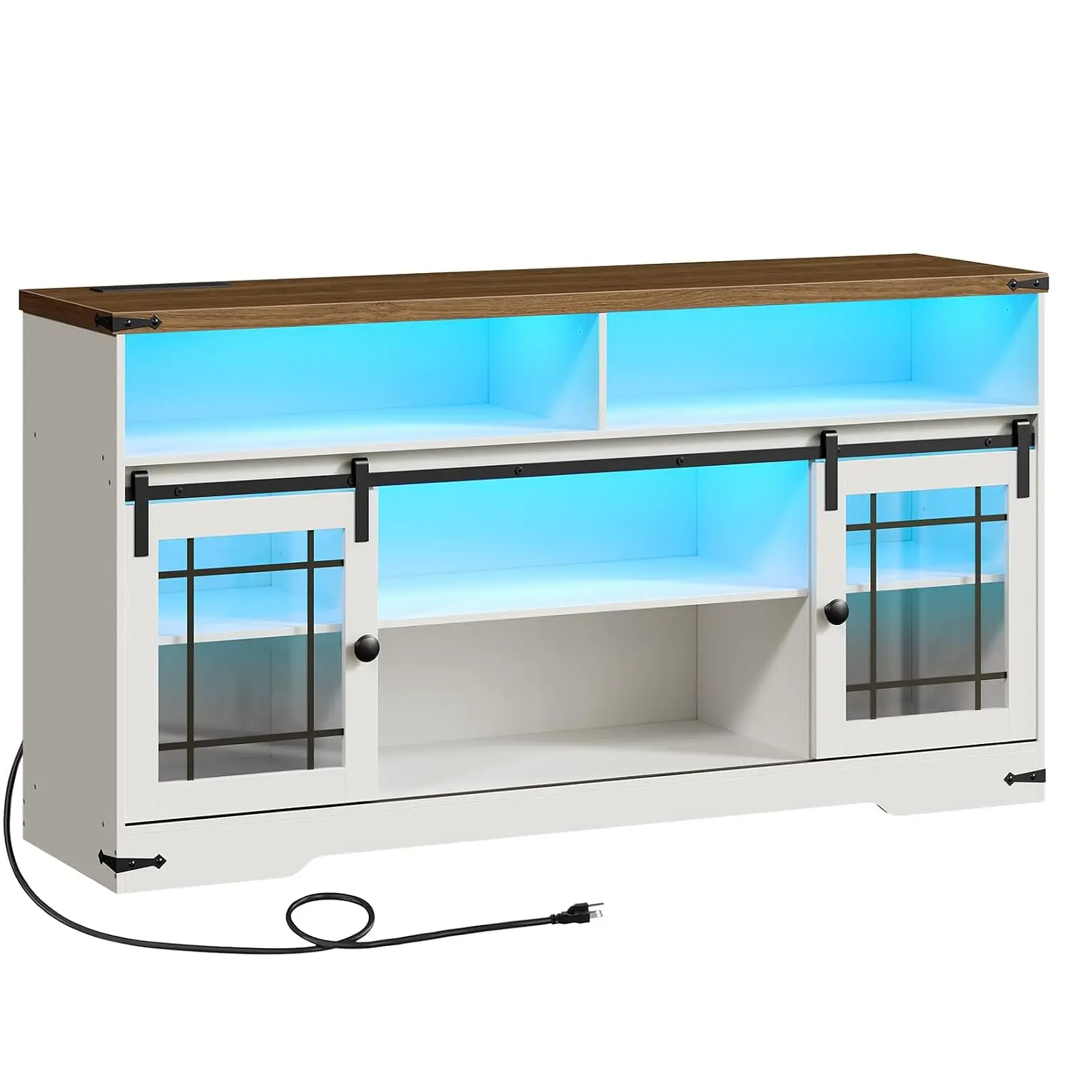Farmhouse TV Stand 65 Inch LED & Charging Station Adjustable Shelves Glass Doors Living Room, Customized
