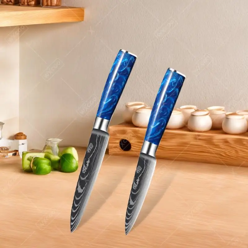 Obst Messer Damaskus Stahl Messer DIY Obst Carving Messer Professionelle Kochmesser Blau Harz Griff Hause Fleisch Schneiden Messer