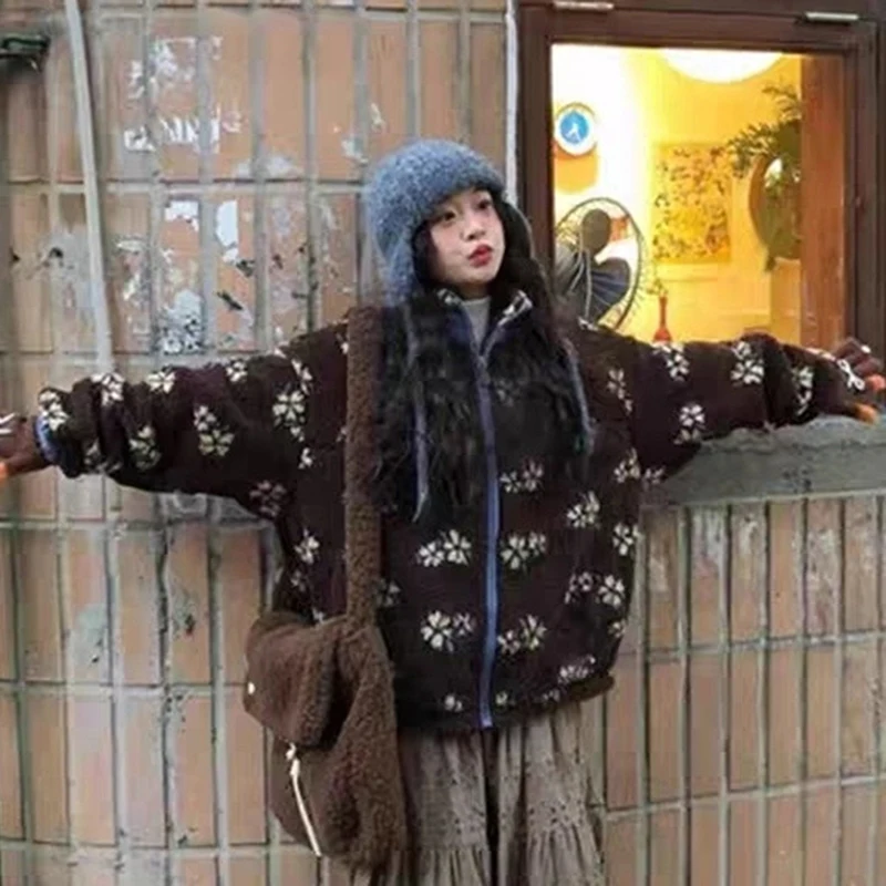 Vintage Snowflake Women Fleece Jacket Hooded Zip Up Baggy Oversized Grunge Y2K Streetwear Cozy Winter Warm Outerwear Top