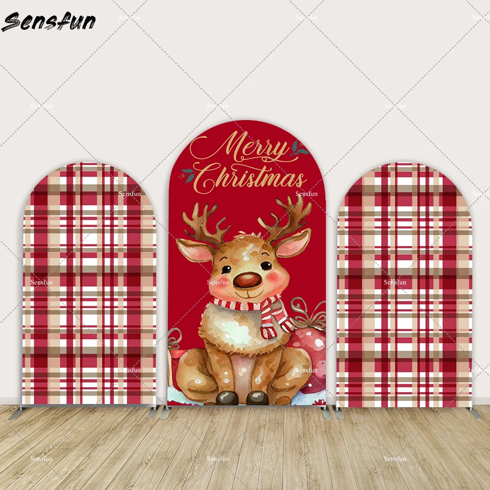 

Red Christmas Party Decoration Customize Arch Cover Backdrop Cartoon Cute Elk Baby Kids Arched Chiara Wall Background