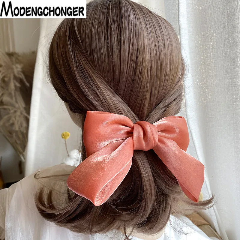 Korean College Style Hair Clip Fashion Bright Hairpins Silk Crystal Yarn Oversized Barrette Bow Hairgrip Woman Hair Accessories