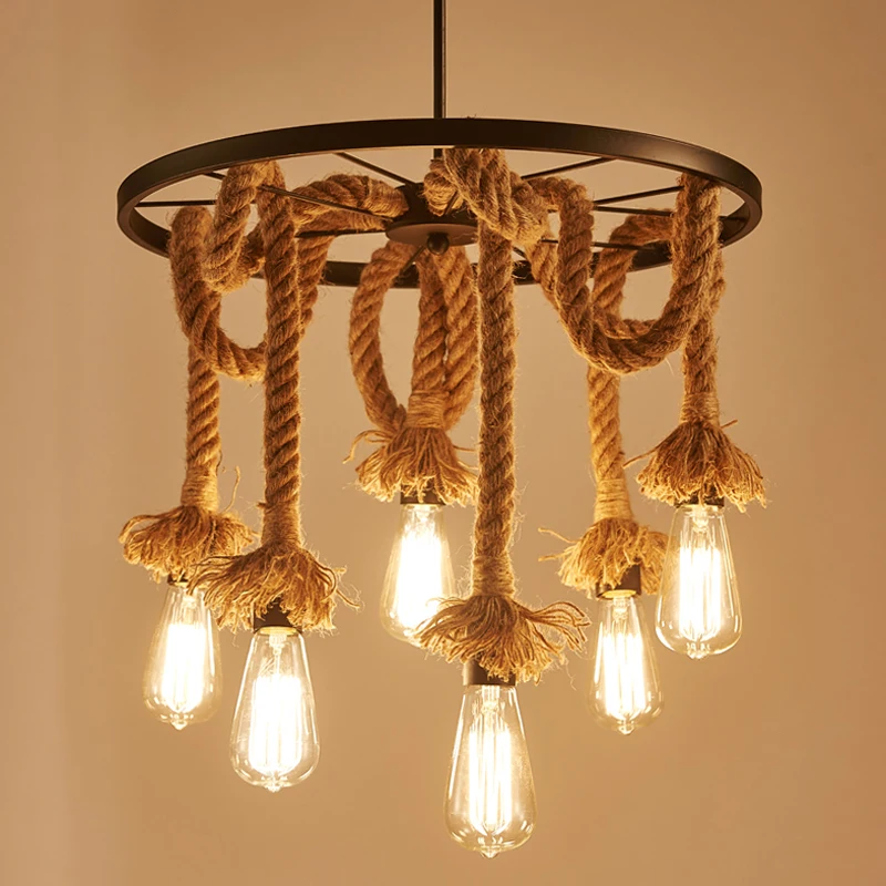 American Country Retro Living Room Bar Restaurant Wheel Hemp Rope Wrought Iron Shop Cafe Club Chandelier