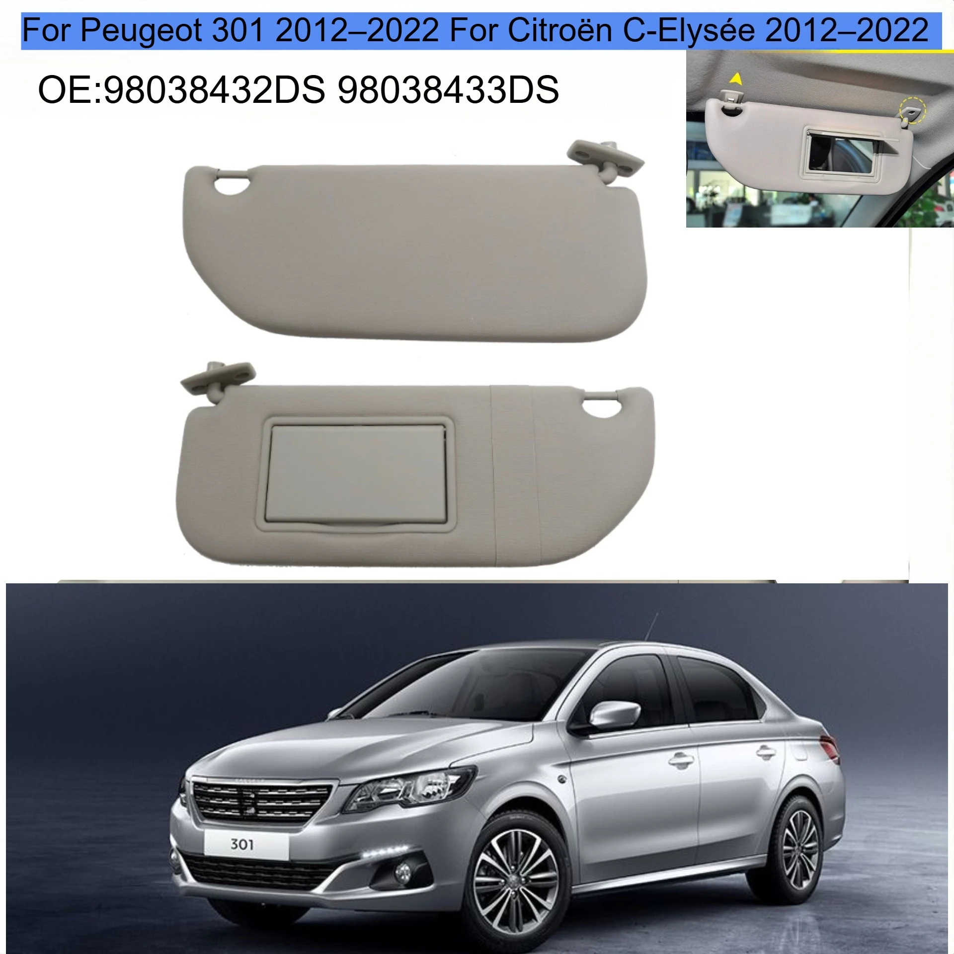 Car Interior Sun Visor Left Right with Makeup Mirror | For Peugeot 301 2012–2022 For Citroën C-Elysée 2012–2022 98038433DS
