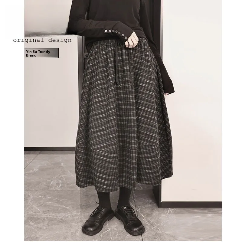 

Утепленная зимняя клетчатая юбка А-силуэта с высокой талией, пышная, длиной макси, из хлопка и полиэстера, теплая, повседневная