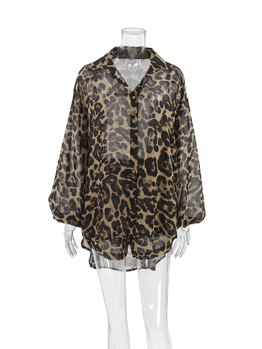 Marthaqiqi 2024 New Leopard Print Ladies Pajama Suit Sexy V-Neck Sleepwear Long Sleeve Nightwear Shorts Summer Women Nightie Set