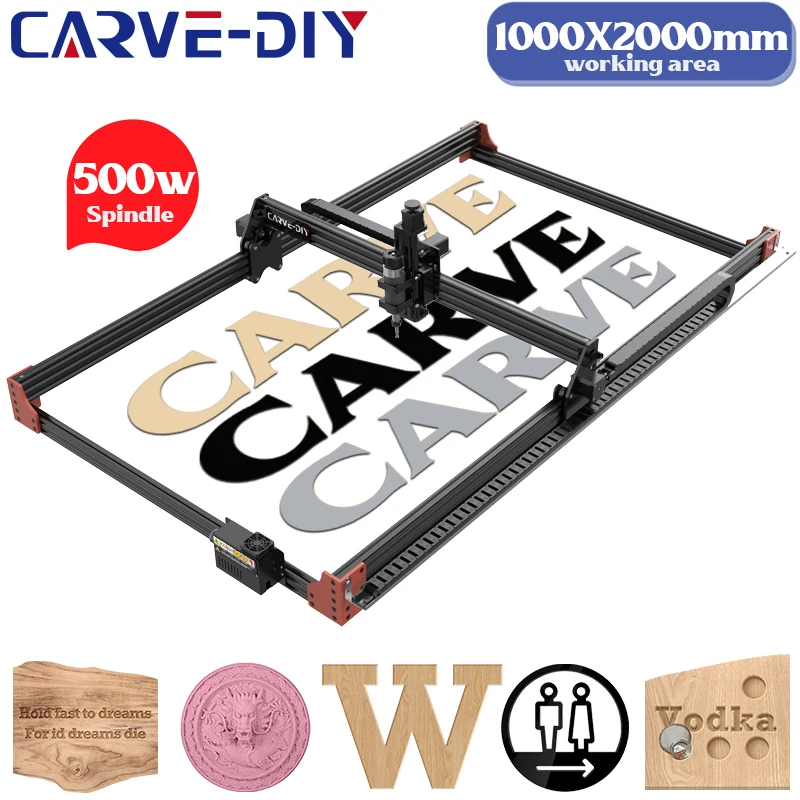 CARVE-DIY CNC Fraiseuse Zone de Travail 1000x2000mm 3 Axes CNC Routeur Machine 500W Broche NW PVC PCB Cutter
