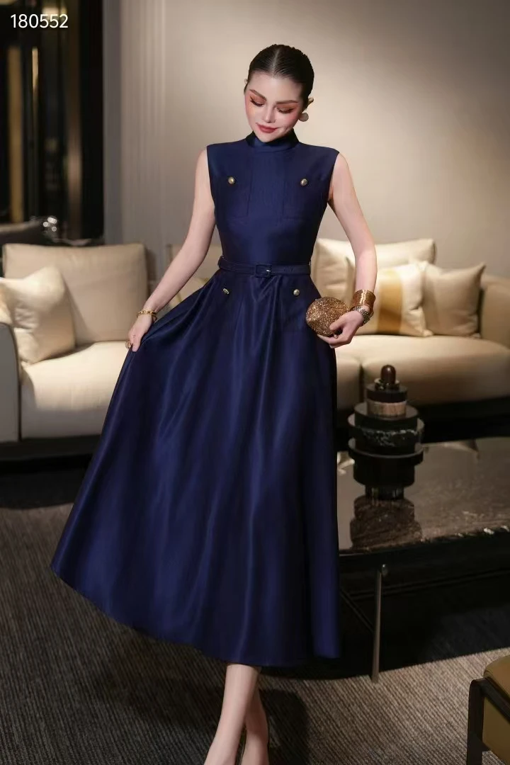 Sommer Neue Seide + Wolle Stoff Stehkragen Design Taste + Taille Gürtel Modische Elegante Glänzende Ärmelloses Kleid Für Frauen S-XL