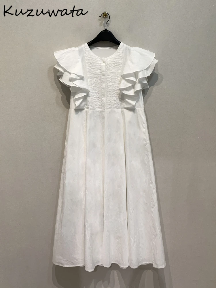 

Kuzuwata Vintage Moda Literary Ruffles Dress O Neck Flying Sleeve Loose Soft Solid Vestidos Japan Slim Minority High Street Robe