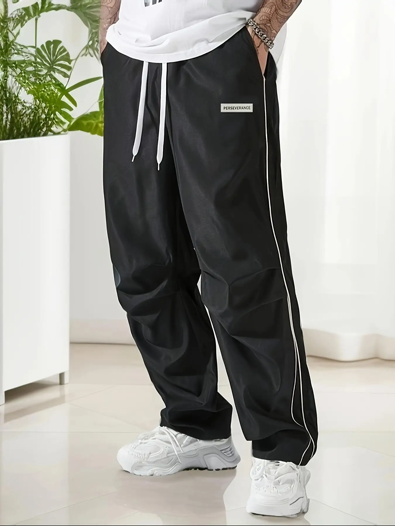 Men's Regular Plain Sports Straight Pants with Drawstrings and Elastic Waistband, Reflective Webbing Design, Suitable for Daily Leisure, Street Basketball, Fitness, Multi-Scenario Matchinging, Suitable for All Seasons
