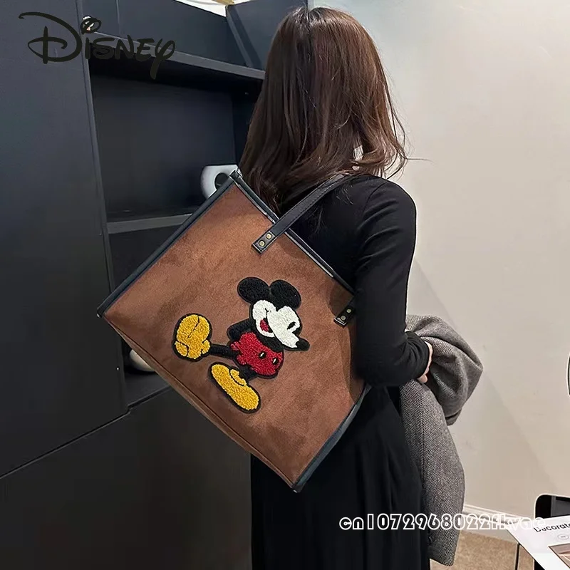 Disney Mickey New Women\'s Handbag Fashionable High Quality Corduroy Women\'s Bag Cartoon Large Capacity Women\'s Shopping Bag