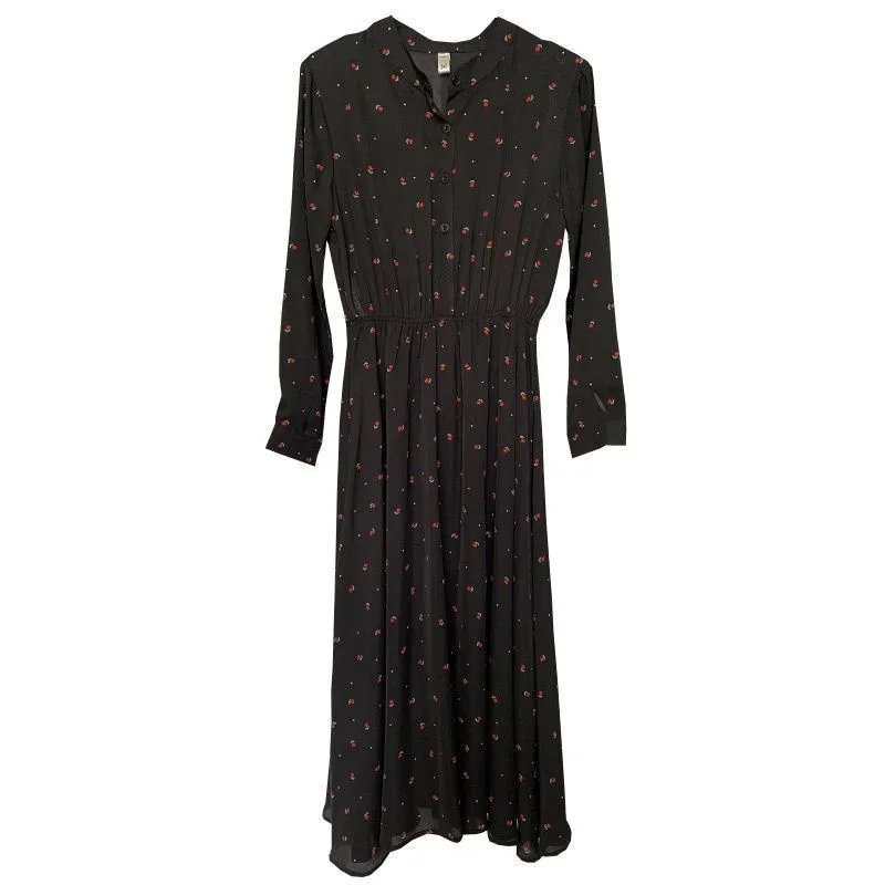 New Dot Long Sleeve Floral with Slim Waist Medium Length Skirt Casual es Vestidos Para Mujer Women Dress