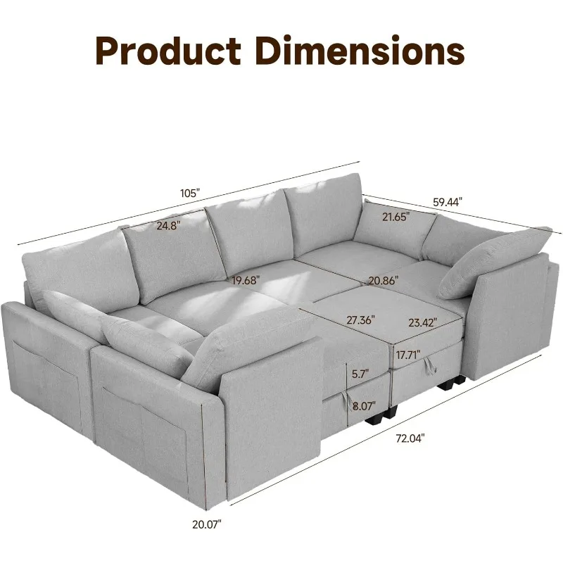 105'' Convertible Sectional Sofa Couch, Sleeper Sofa Linen Fabric Modular Sofa with Removable Pillows