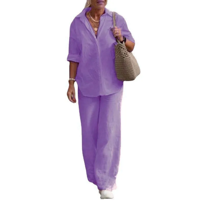 Elegant Cotton Linen Solid Shirt Pants Suits Fashion Female Two Piece Set Autumn Long Sleeved Tops Wide Leg Pants Casual Outfits