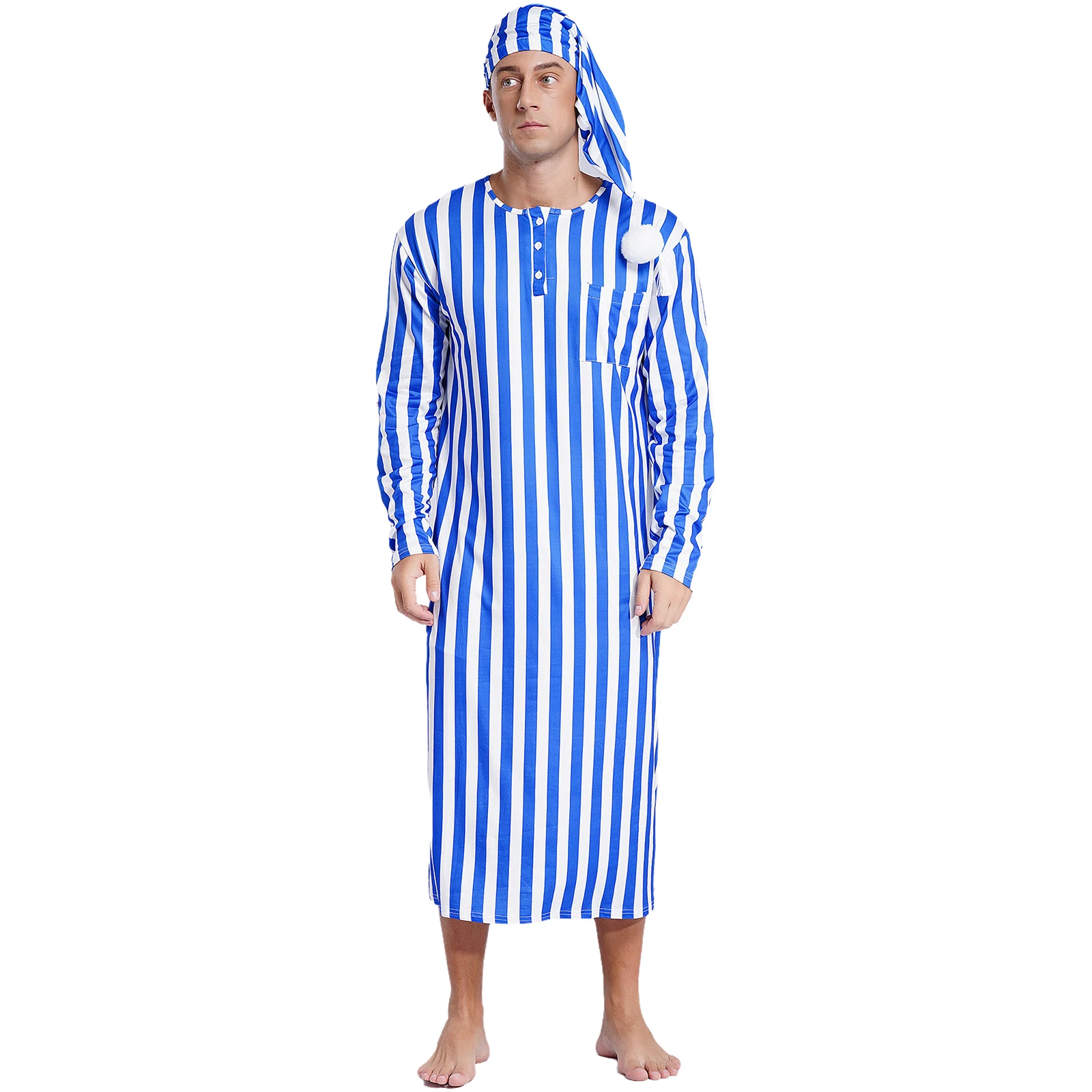 Mens Arabian Muslim Pajamas Sissy Nightwear Long Sleeve Long Robe And Pompom Adjustable Sleep Hat Robe with Hat Cosplay Outfits