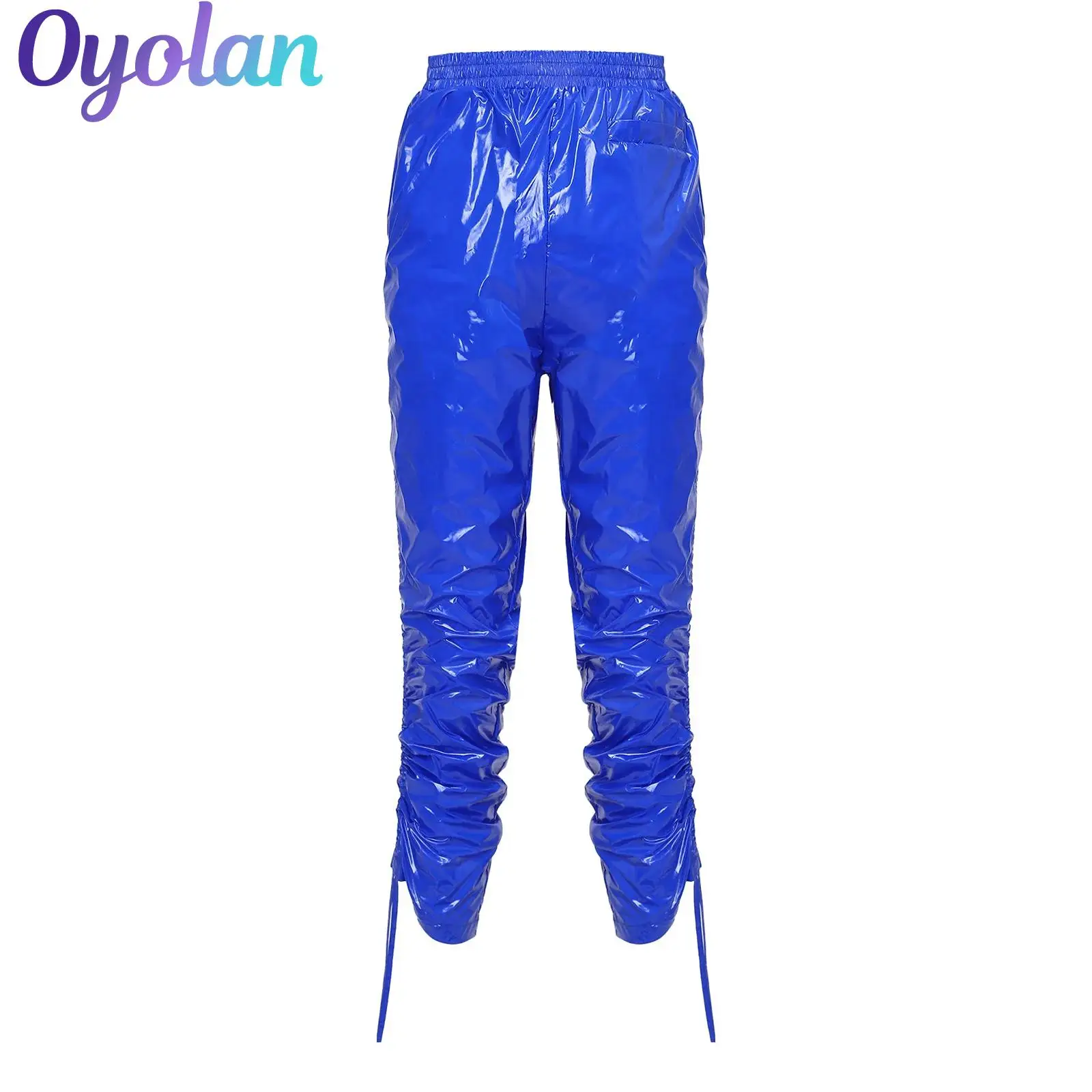 Women Vinyl Waterproof Reusable Cropped Pants Gymnastics Exercise Trousers Side Pockets Capri Pants with Drawstrings at Sides