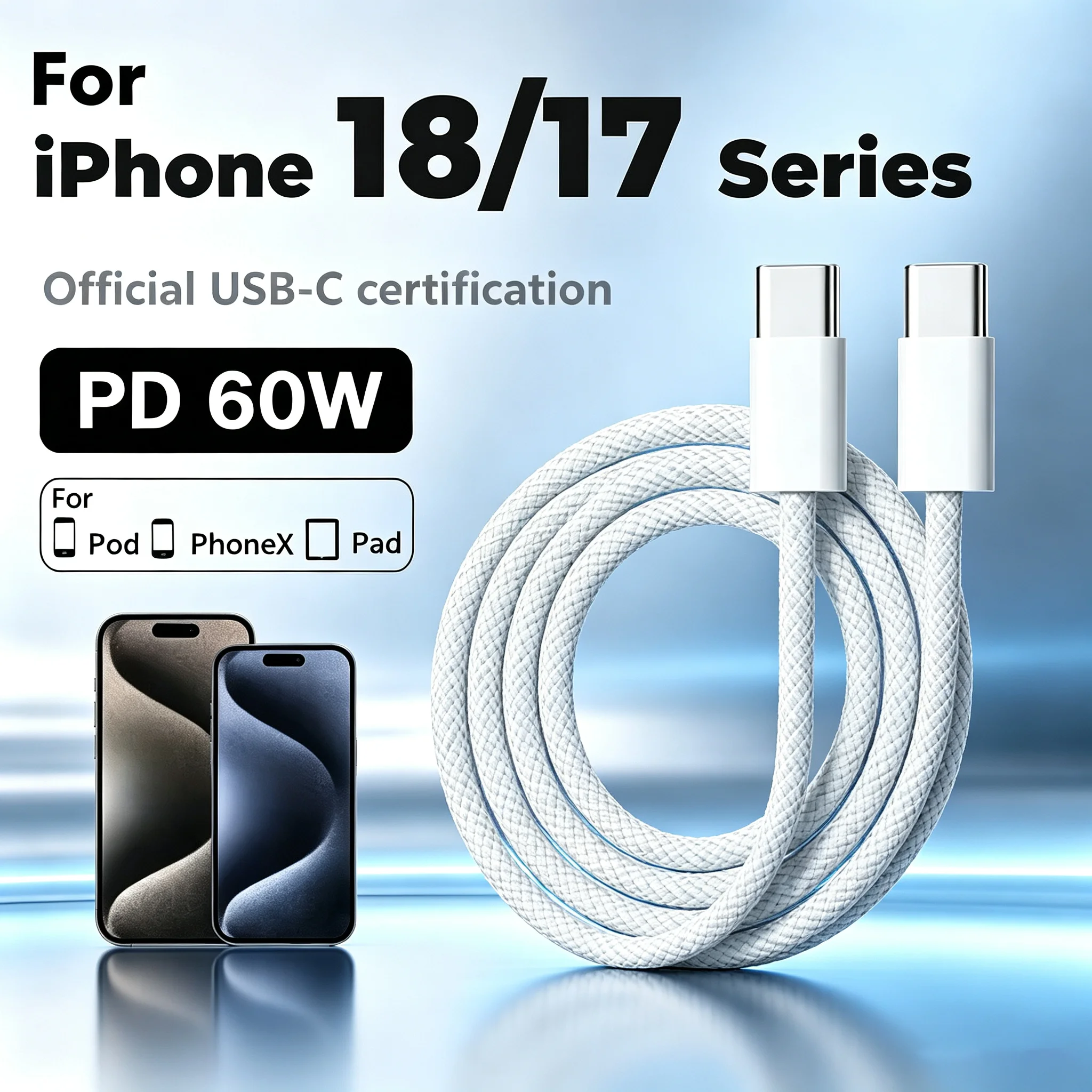 NNBILI 60W PD Type C Cable Super Fast Charger Cord Quick Charge USB C to USB C Cables Phone Charger For iPhone Duo 17 18 Pro Max